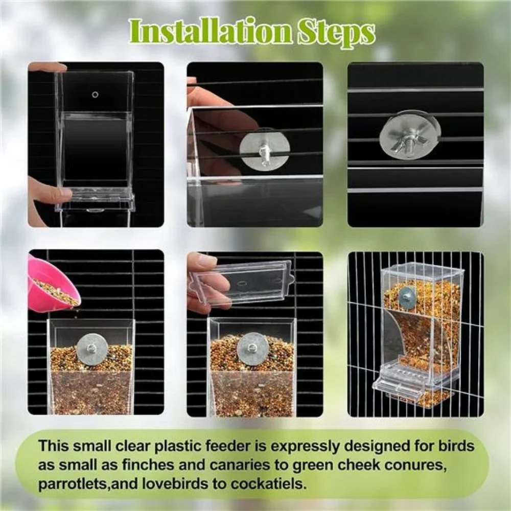 No Mess Automatic BirdFeeder Transparent FoodContainer Cage Acrylic ParrotFeeder